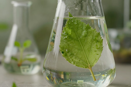 Green leaf in laboratory glassware, closeup. Alternative medicine conceptの素材
