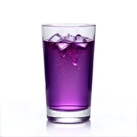 Glass of purple cocktail with ice cubes isolated on a white background.の素材