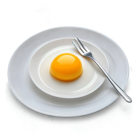 Fried egg on a plate with a fork on a white backgroundの素材