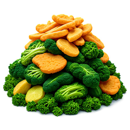 Pile of broccoli, carrot, potato and parsley isolated on white backgroundの素材