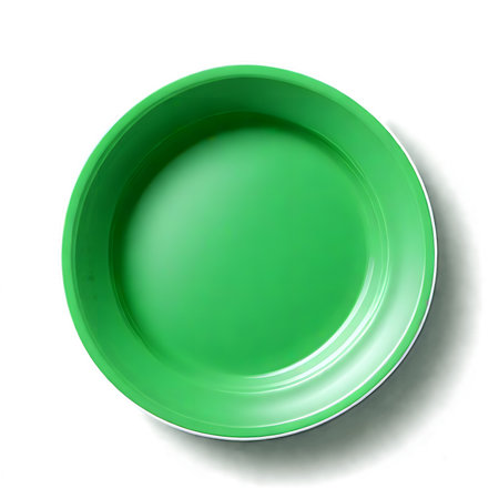 Empty green plastic bowl isolated on white background. Top view. 3d illustrationの素材