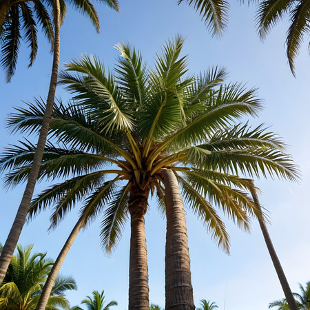 Palm trees on blue sky background. Coconut palm trees in sunny dayの素材