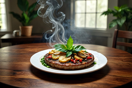 Grilled beef steak with mushrooms and green basil on a wooden tableの素材
