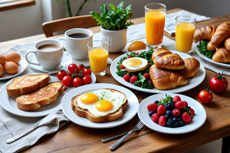 Breakfast with coffee, croissants, eggs and fruits on wooden tableの素材