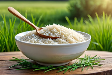 Rice in a bowl on wooden table with green grass background.の素材