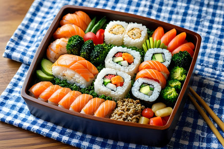 Sushi rolls with salmon, tuna, cucumber, avocado and lettuce in a lunch boxの素材