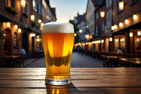 Glass of beer on a wooden table in the old town of Frankfurt, Germanyの素材