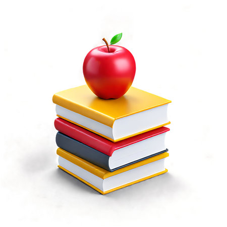 Stack of books with red apple isolated on white background. 3d illustrationの素材