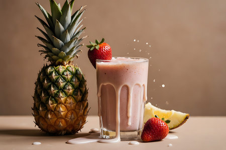 Pineapple and strawberry milkshake in glass on brown background.の素材