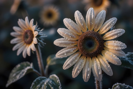 Sunflowers with dew drops on petals. Close up.の素材