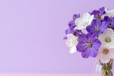 Bouquet of spring flowers in a vase on a purple backgroundの素材