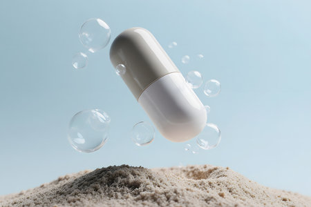 Capsule of medicine falling on sand against blue background, closeupの素材