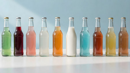 Glass bottles with different drinks on a white table against a blue backgroundの素材