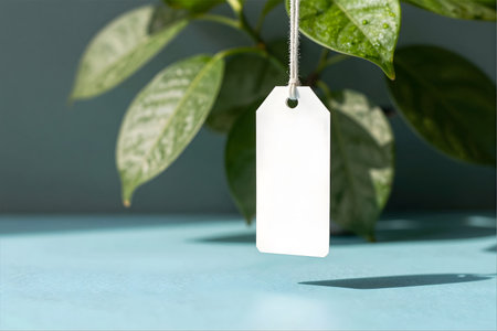 Blank white price tag hanging on green plant on blue background.の素材