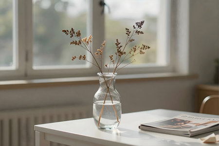 Vase with dried flowers on table in room, space for textの素材