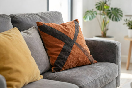 Colorful pillows on gray sofa in living room, closeupの素材