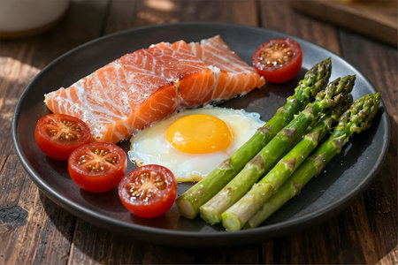 Healthy breakfast with salmon, asparagus and fried egg.の素材