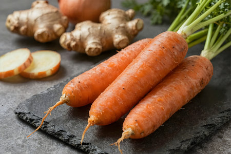 Fresh carrots with ginger and ginger root on slate plate over gray backgroundの素材