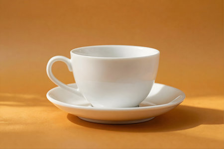 White cup of coffee on a yellow background, close-up.の素材