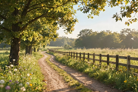 Country road in the meadow with trees and wildflowers.の素材