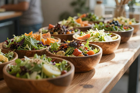 Healthy salad in wooden bowl on table in restaurant. Healthy food conceptの素材