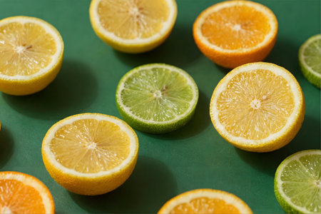 Slices of lemon, lime and orange on a green backgroundの素材