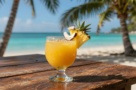 Cocktail with pineapple on a wooden table on a tropical beachの素材