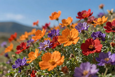 Colorful cosmos flowers blooming in the garden with blue sky backgroundの素材