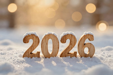 Wooden number 2016 on snow with bokeh background. Happy New Year 2016の素材