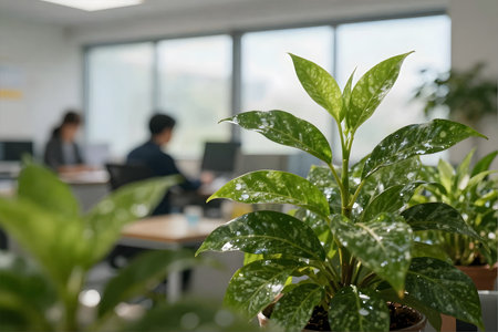 Close up of green plant in office room with blurred business people in backgroundの素材