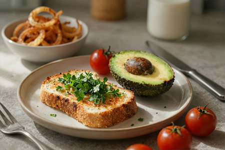 Avocado toast with parsley and bread on a plate on a gray backgroundの素材