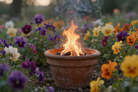 Flower pot with burning fire in the garden. Selective focus.の素材