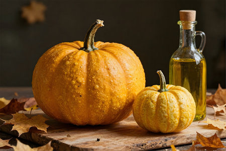 Autumn still life with pumpkins and a bottle of pumpkin oilの素材