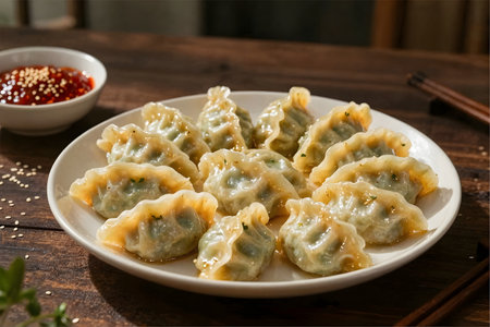 Fried dumplings with soy sauce on a wooden table.の素材