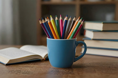 Color pencils in a blue cup on a wooden table with booksの素材