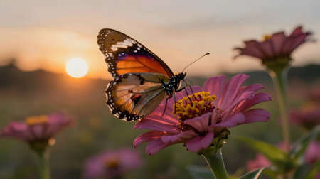 Butterfly on flower in the garden with sunset sky background.の素材