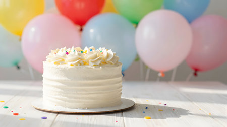 Birthday cake with colorful balloons on white wooden background, copy spaceの素材