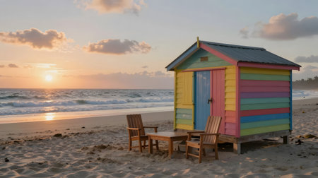 Colorful Beach Huts on the beach at sunset, South Africaの素材