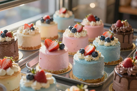 Cake with blueberries, strawberries and raspberries on displayの素材