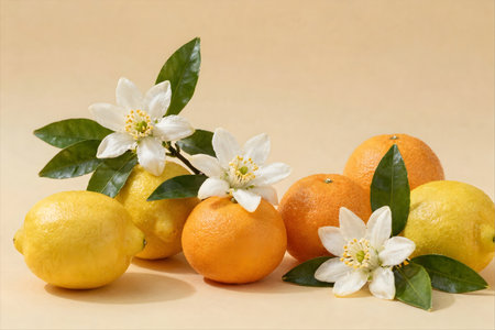 Lemons and oranges with lemon blossom on yellow background.の素材