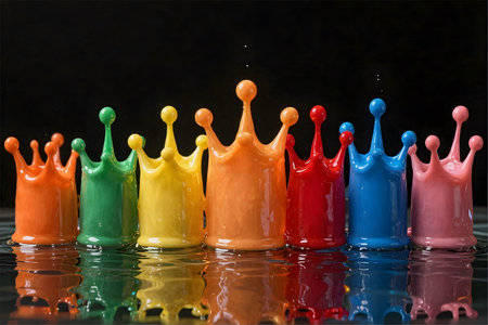 Colored crowns on a black background with water drops and splashesの素材