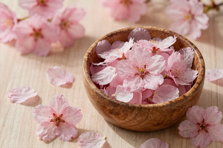 Cherry blossom petals in wooden bowl on wooden table.の素材