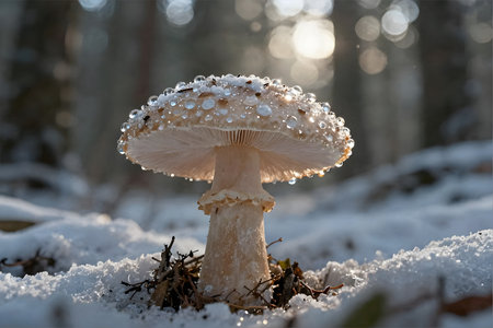 Amanita muscaria mushroom growing in the forest with snow.の素材