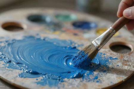 Paintbrush and palette with blue paint on a wooden table.の素材
