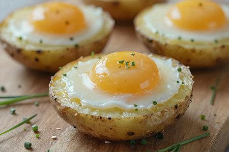 Baked potatoes with egg yolk and chives on wooden boardの素材