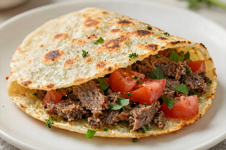 Pita bread with meat, tomato and parsley on a white plateTissueの素材