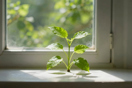 Young plant on the windowsill. Selective focus. Nature.の素材
