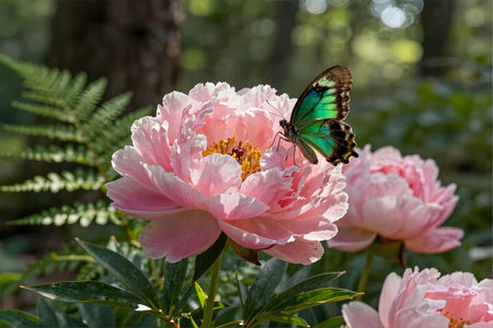 Peony flower with a butterfly in the garden on a sunny dayの素材