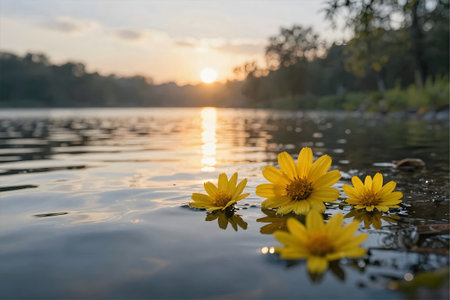 Yellow flowers on the water in the lake with the sunset background.の素材