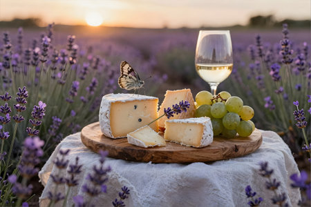 Cheese platter with grapes and a glass of white wine on lavender field at sunsetの素材